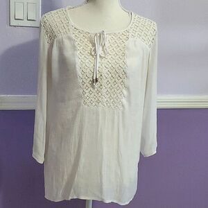 AGB Boho Romantic Off white Laced Balloon Sleeves Peasant Tunic Top M